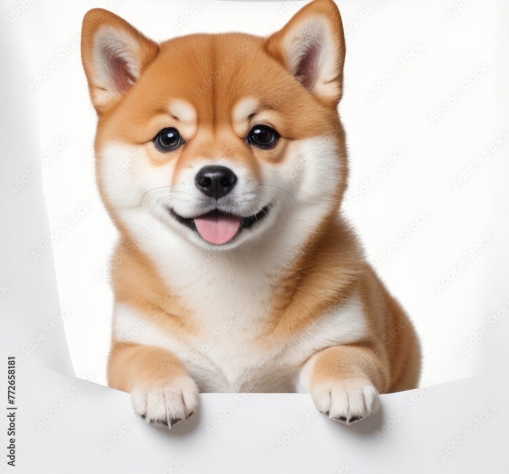 Obraz premium Portrait funny and happy shiba inu puppy dog peeking out from behind a white banner
