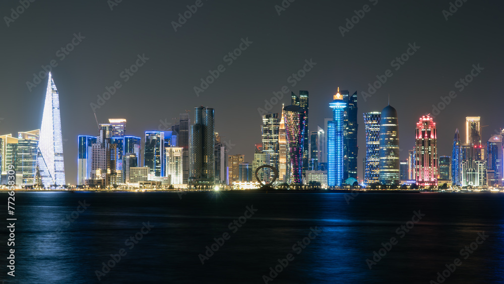 Naklejka premium Doha Skyline at night. Qatar. Doha Cityscape