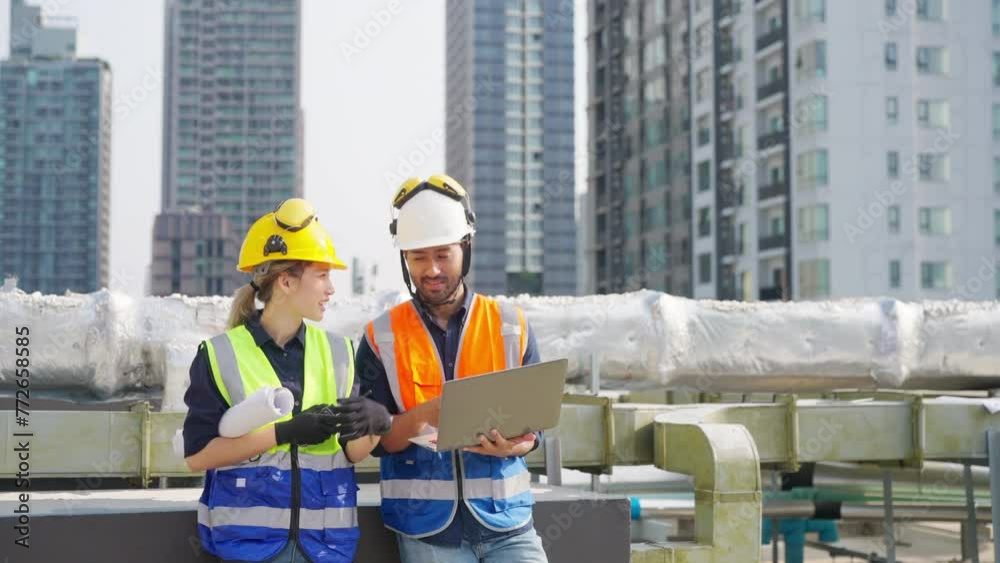 4K Asian man and woman teamwork engineer working on laptop compute and discussion together at construction site building rooftop. Architecture inspector inspect building exterior structure systems.