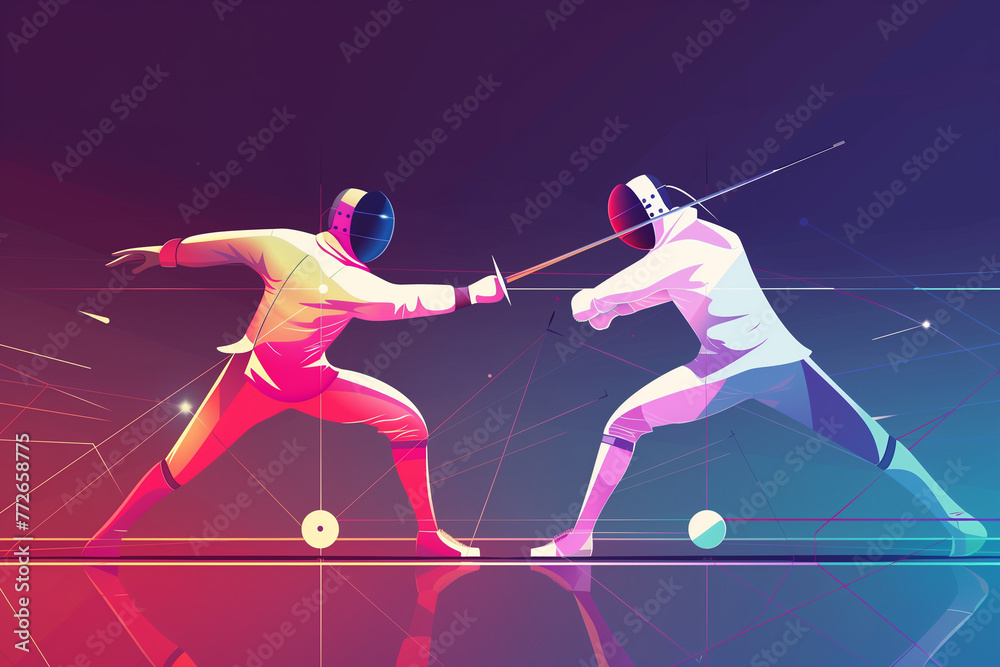 Fencing combat sport. Fencing athletes dueling with swords in competition. Art modern design Grainy gradients. generative ai