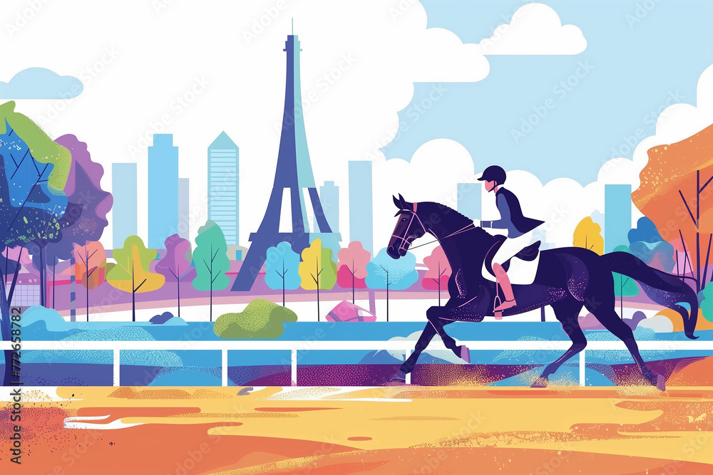 The Summer Olympic Games in Paris, equestrian sports riding a horse on the background of the Eiffel Tower. Art modern design Grainy gradients. generative ai - obrazy, fototapety, plakaty 
