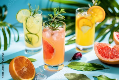 Refreshing Summer Cocktails with Colorful Garnishes, Vibrant Food and Beverage Photography for Restaurant and Bar Advertising