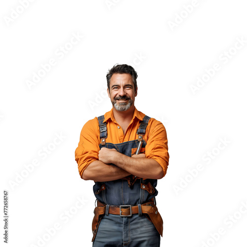 A smiling worker with suspenders and a tool belt, demonstrating confidence and job satisfaction. photo