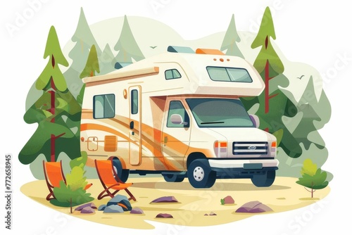 Recreational vehicle camping in nature, flat vector illustration isolated on white © Lucija