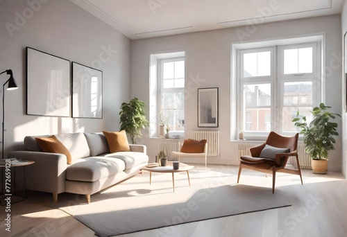 Cozy living space with neutral color palette, Minimalistic living room with natural lighting, Scandinavian-inspired decor in a bright room.