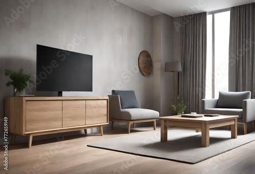 Cozy living room with wooden furniture and TV, Contemporary living room with wooden furnishing and television, Warm and inviting living room setup with TV.