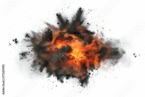 Realistic fiery explosion with vibrant streaks and black smoke on white, 3D illustration