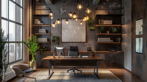 A contemporary workspace with a floating desk, sleek metal accents, and industrial-inspired decor, illuminated by warm Edison bulbs suspended from a lofty ceiling