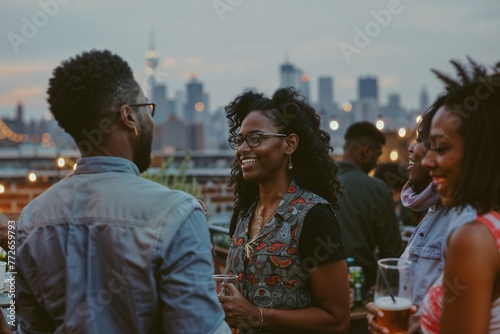 Friends Enjoying Rooftop Party with City Backdrop