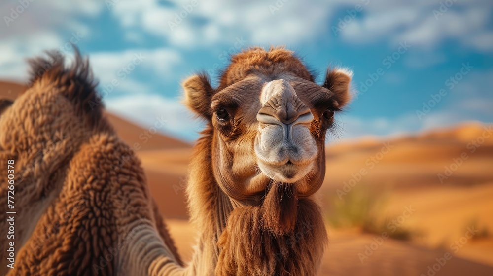 Camel in the desert portrait. AI Generated 