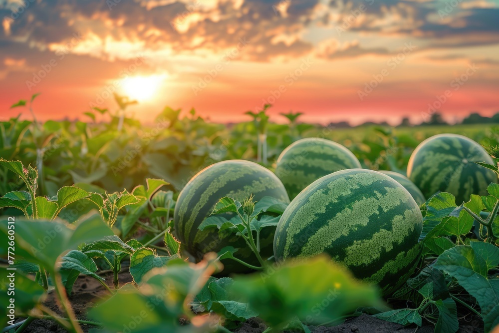 Watermelon field at golden hour sunset. Row of watermelons at fruit and berry farm. AI Generated