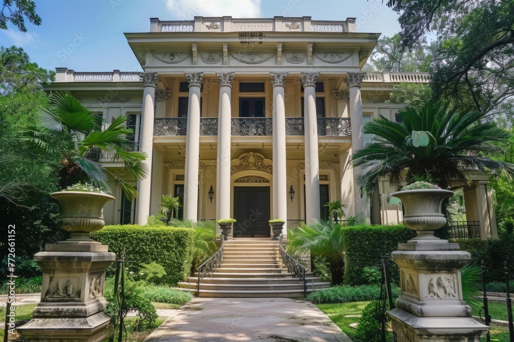 A large, elegant house with a white facade and a large front porch. The house is surrounded by a lush green garden with many potted plants and a few statues. The house has a grand