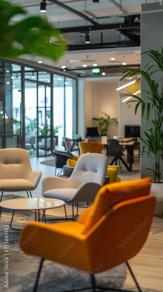 Fototapeta premium Contemporary office lounge space featuring stylish chairs and a relaxed, inviting atmosphere for informal meetings.