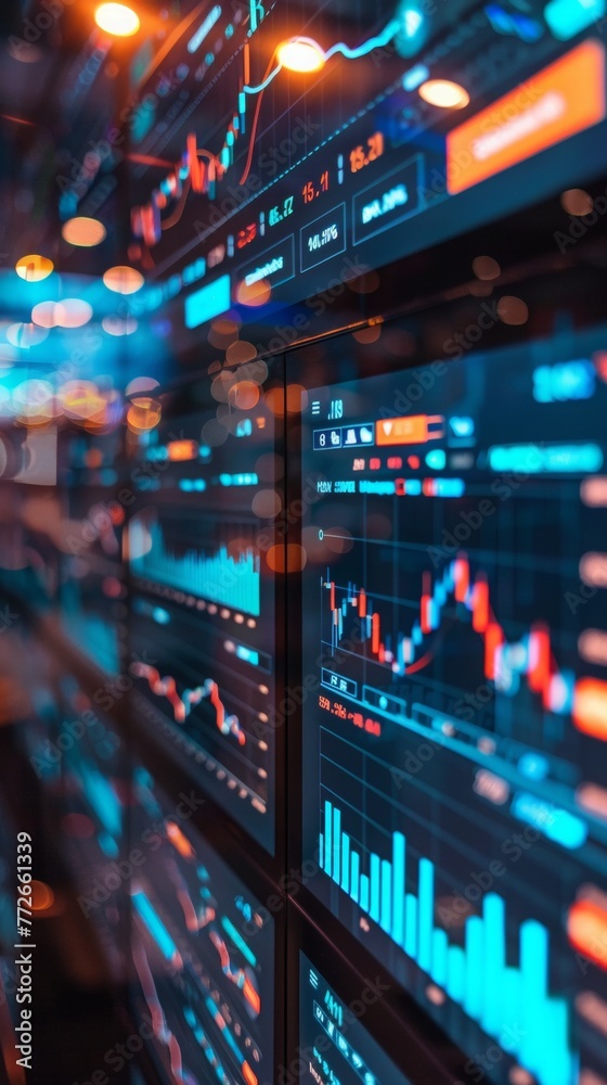 Obraz premium Close-up view of a vibrant stock market monitor displaying detailed financial data and charts.