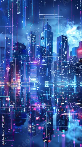 A cyberpunk-inspired cityscape infused with neon lights and digital data overlays, reflecting a high-tech urban environment.