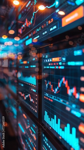 Close-up view of a vibrant stock market monitor displaying detailed financial data and charts.