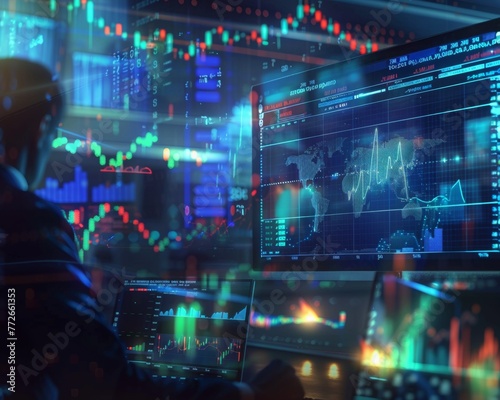 A trader in silhouette foreground views advanced digital screens showing global financial markets with analytical graphs.