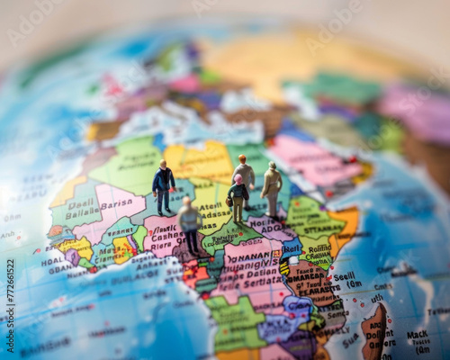 Tiny figures of people positioned on a vibrant, detailed world map, representing exploration, travel, or global demographics.