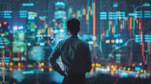 Silhouette of a businessman looking out over a nighttime city skyline  with the reflection of financial trading charts on the glass.