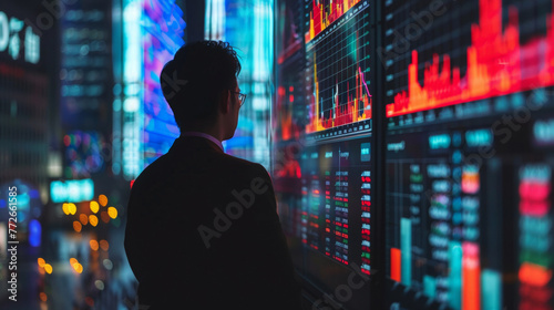 A side view of a focused analyst evaluating fluctuating stock market trends on large digital screens  against a backdrop of city lights at night.