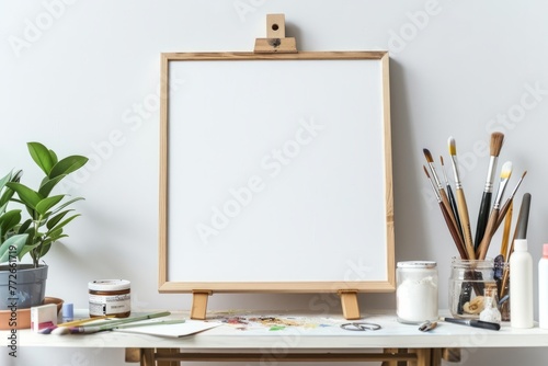 A white board is placed on a wooden easel for air plants display in the office photo
