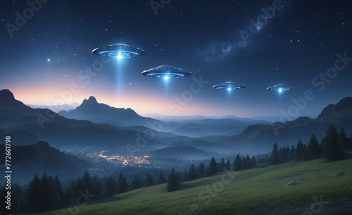 UFOs flying in the night sky. Fantasy landscape © rodrigo