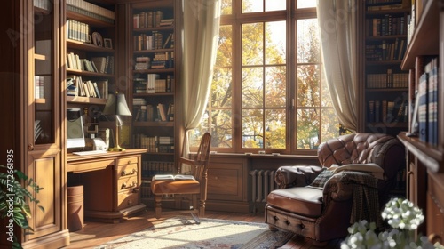 A cozy corner office nestled in a sun-drenched alcove, featuring a vintage writing desk, overstuffed armchair, and shelves lined with leather-bound books.
