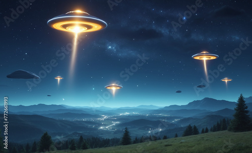 UFOs flying in the night sky. Fantasy landscape