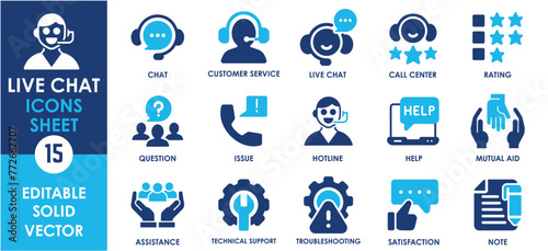 Live Chat and support icon set. Containing helpline, mutual aid, service, technical support, help and so on. Flat live Customer service icon set.