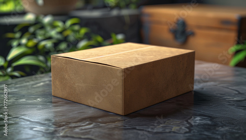 Closed cardboard box on a dark marble countertop with green plants in the background