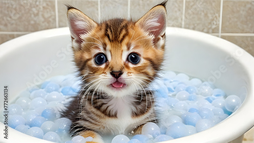 Adorable kitten in the bath, kitten in the bubble bath, AI generated
