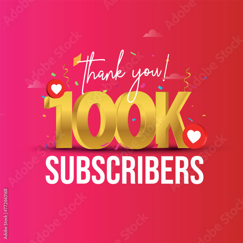 1000 Subscribers. Thank you for 1000 subscribers on social media. 1k followers thank you, celebration banner with heart icons, confetti on colourful background. Celebration on achievement 