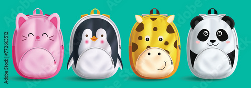 School bags animals vector set design. Back to school cute animal character backpack collection like cat, penguin, cow and panda for kids kindergarten educational elements. Vector illustration cute 