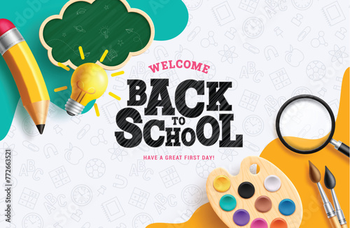 Back to school text vector design. Welcome back to school greeting in doodle space for typography with pencil, bulb, chalkboard and arts materials elements. Vector illustration school greeting 