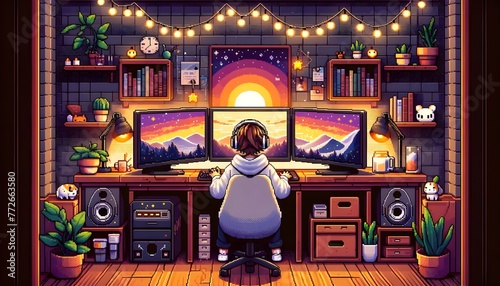 A cozy, detailed pixel art depiction of a room with a person at a computer setup, surrounded by plants, books, and a warmly lit atmosphere.