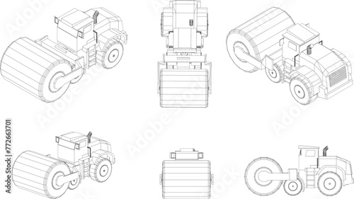 Drawings of construction vehicles from many angles.,Construction, transportation and building construction