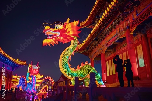 huge dragon-shaped lantern hangs in midair