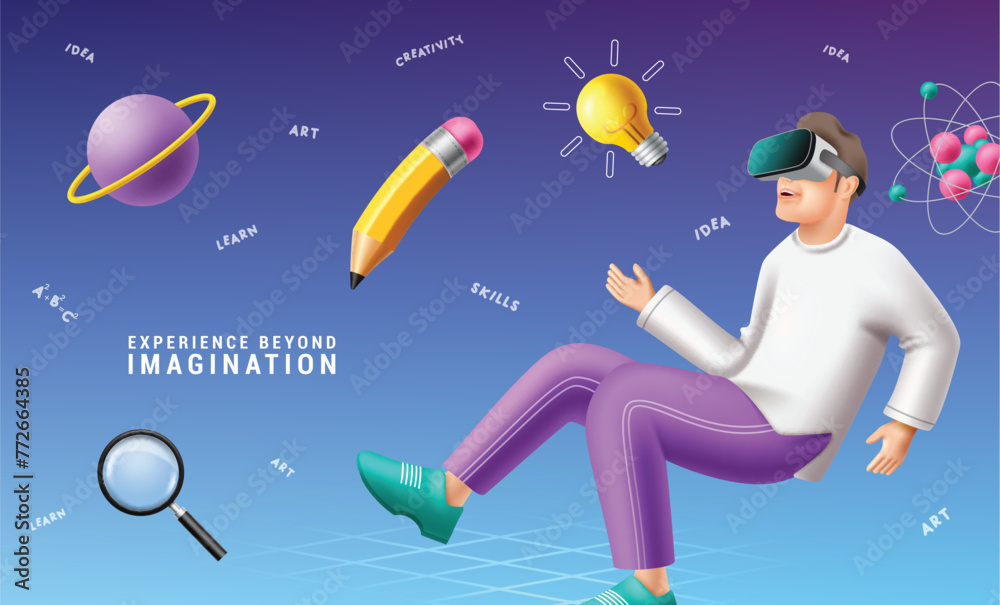 Naklejka premium School man character vector design. Back to school futuristic modern learning device promotion with man character wearing vr glasses for virtual schooling banner. Vector illustration school online 