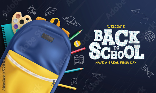 Back to school text vector design. Welcome back to school greeting with student backpack, color pencil and notebook educational supplies elements in blue background. Vector illustration welcome school