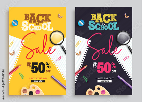 School sale text vector poster set design. Back to school sale limited time offer with 50% off promo with educational items, supplies and materials for clearance shopping collection. Vector 