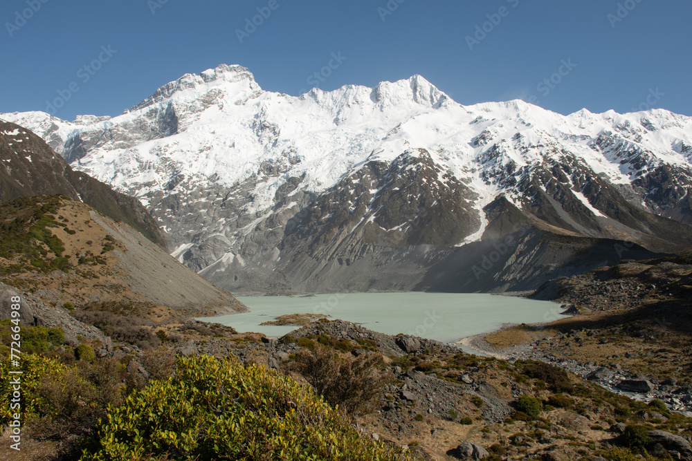 glacier mountain landscape on Hooker Valley Track at south island of New Zealand