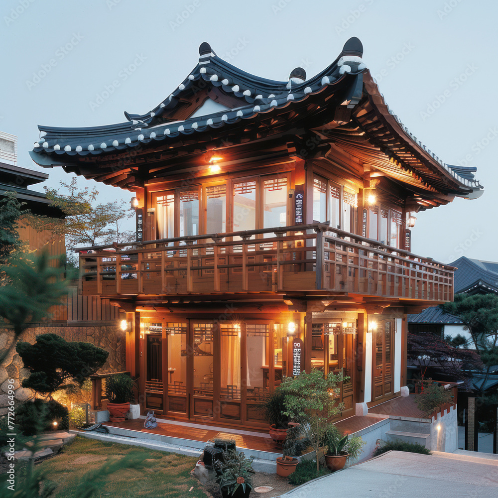 Tiny two floor timber frame house with single front doors and terrace with south korean theme design