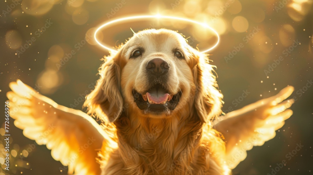 Golden Retriever with luminous wings and halo - Warm tones highlight a blissful Golden Retriever with radiant angel wings and a halo, set against a backdrop suggestive of paradise - obrazy, fototapety, plakaty 