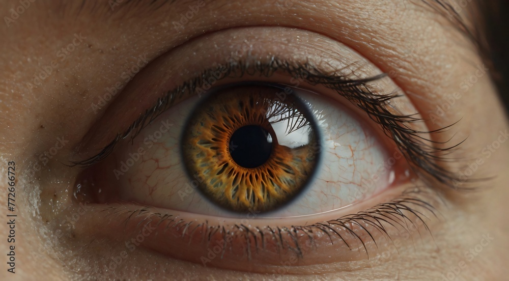 Fototapeta premium Macro hazel human eye with detailed iris texture, close up of amber eyeball and eyelashes, medical ophthalmology and vision health concept