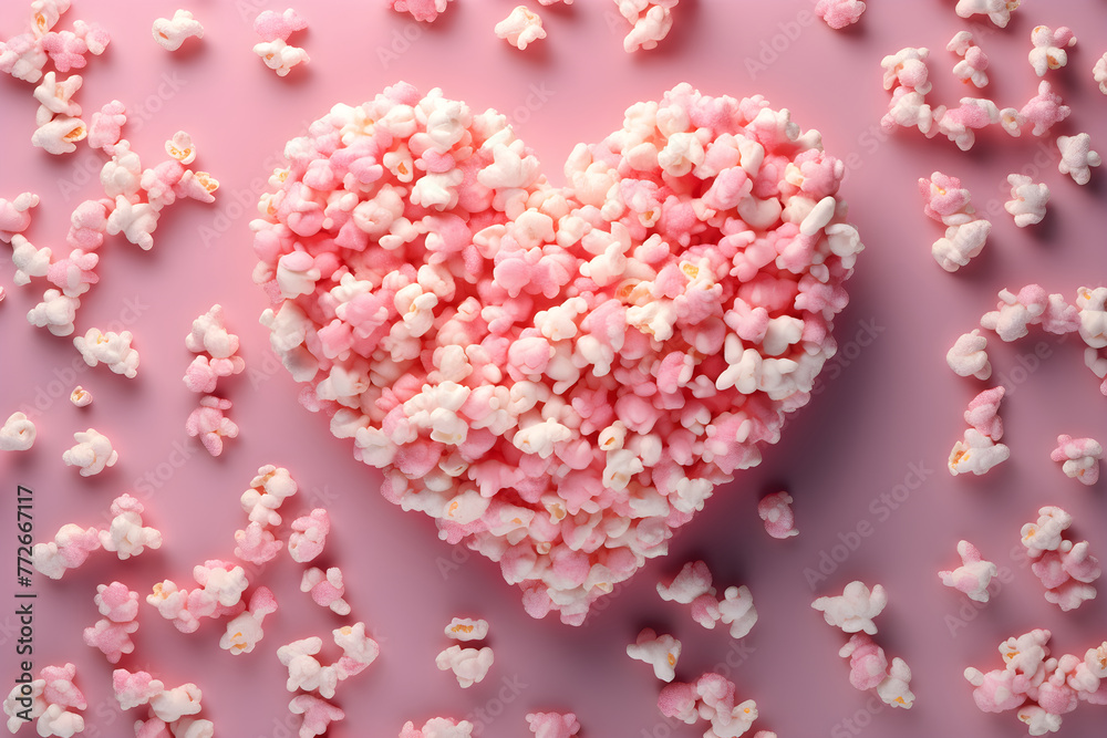 Heart shaped bucket with tasty popcorn on pink background. Happy Valentines day. Love cinema concept Heart shaped bucket with tasty popcorn on pink background. Happy Valentines day. Love cinema concept