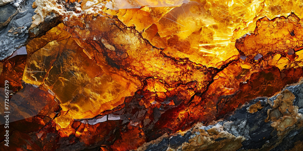 Abstract background of sunlight passed throughout piece of rosin. Natural amber texture abstract background. Panoramic closeup Baltic amber stones rectangular lie on a flat surface. Orange background
