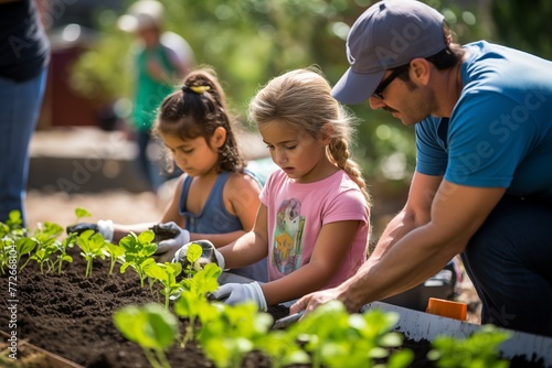 Family Planting Seedlings in Community Garden