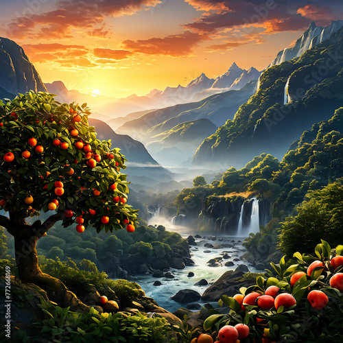 a mountains view with fruits tree in the morning with sunset, a river and waterfall,  photo