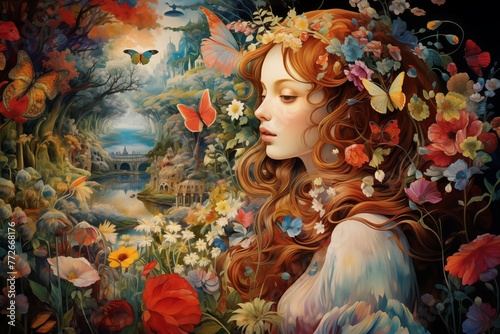 portrait of a woman adorned with flowers in a mythical garden setting 