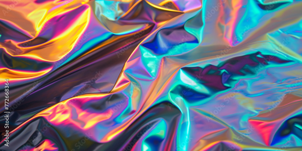 Fototapeta premium Blurred abstract Modern pastel colored holographic background in 80s style. Crumpled iridescent foil real texture. Synthwave Vaporwave style. Retrowave, retro futurism, webpunk. Rainbow foil for print